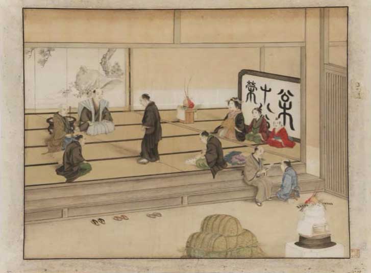 Fumi-e inquisitional ceremony in the early 19th century.<BR>
Painting by Keiga Kawahara, around 1826